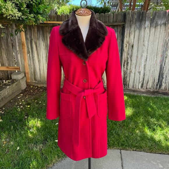 Sisley Jackets & Blazers - Vintage Sisley Italy Red Wool & Black Faux Fur Collar Long Trench Coat Womens 40